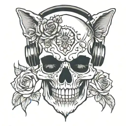 Skull With Black Roses And Black Cat Wearing Headphones