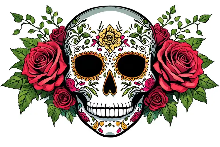 Sugar Skull Mysterious Mask Surrounded Roses And Vines