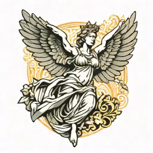 Winged Victory Statue In Front Of Marble Pattern Background
