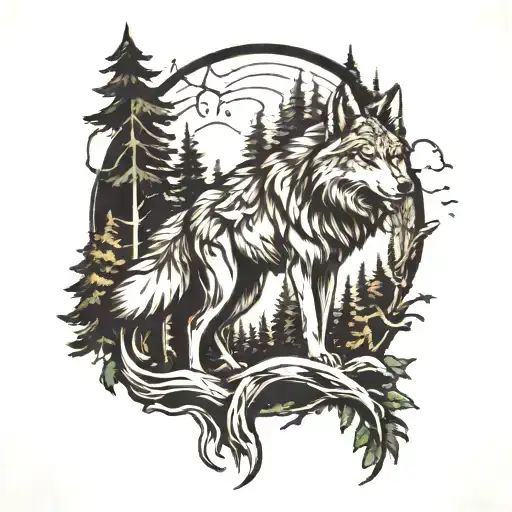 Wolf With Forest Scene