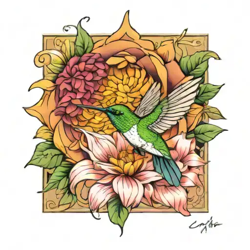 Hummingbird Taking Flight From One Dahlia Flower