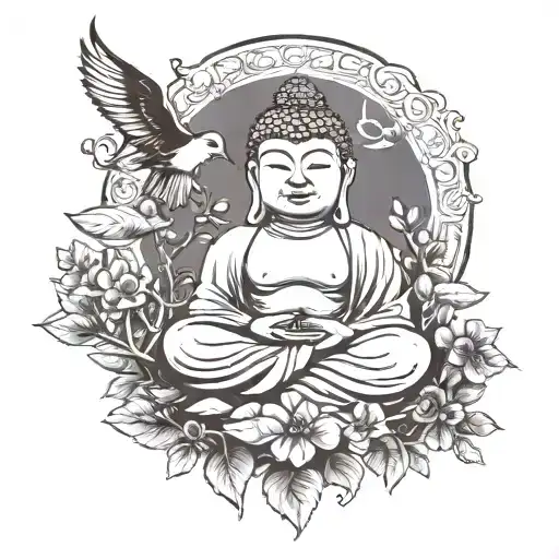 Buddha With Aviator Sunglasses Swallow Bird Bonzai Tree Black And White