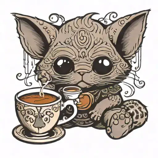 Grogu Drinking Coffee With A Black Cat Drinking Coffee