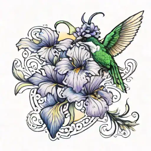 Iris Flower And Hummingbird