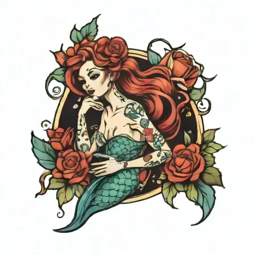 Mermaid And Crab Surrounded By Roses