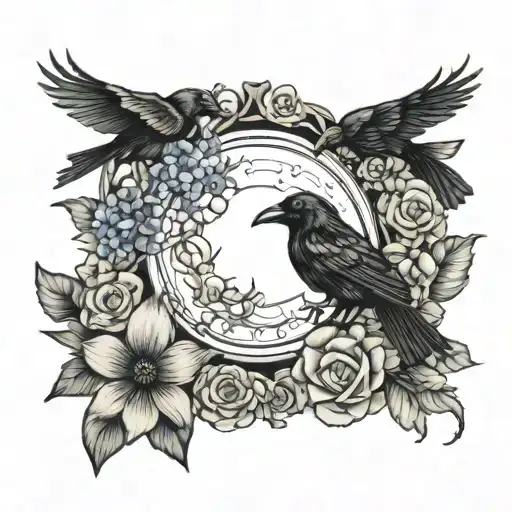 Ravens And Flowers And Moon Surrounded