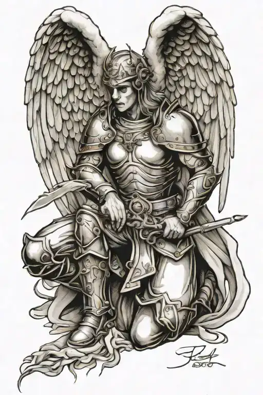Realistic Kneeling Angel With Armor