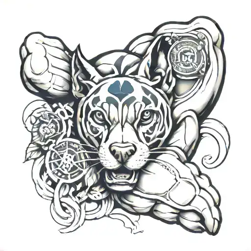 A Neotraditional Tattoo Of A Muscular Arm With A Police Badge And A Dog Paw Print Intertwined