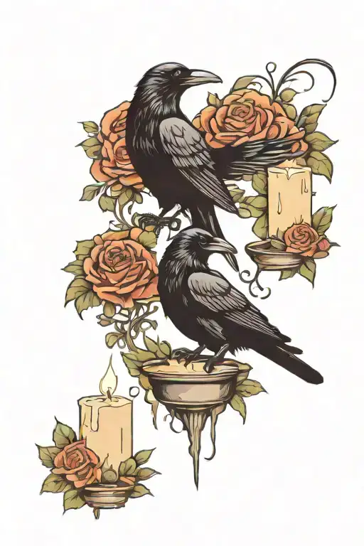Raven And Candle With Flowers Surrounding