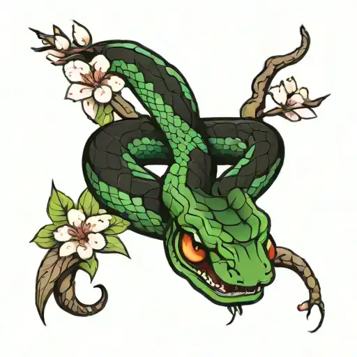 Snake And Cherry Blossom Flowers