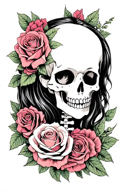 Skeleton Of A Girl With Roses In The Background