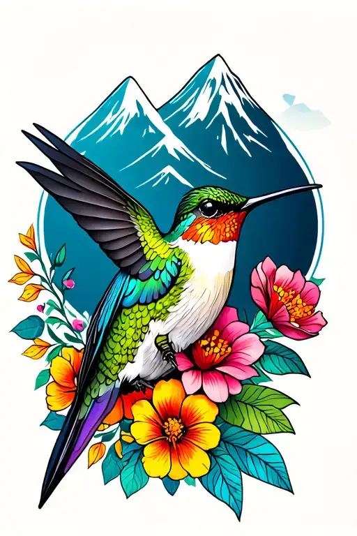 Neotraditional Hummingbird Mountain Background And Flowers