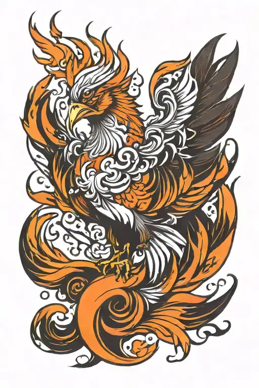Phoenix Bird With Flaming Plumage With Orange Colors