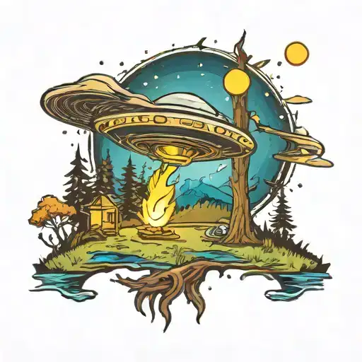 A Neotraditional Tattoo Of An Alien Abduction Beam Shining Down On A Campsite Near A Lake