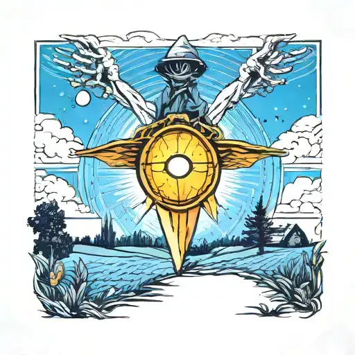 A Neotraditional Tattoo Of An Alien Abduction Beam Shining Down On A Scarecrow In A Farm Field
