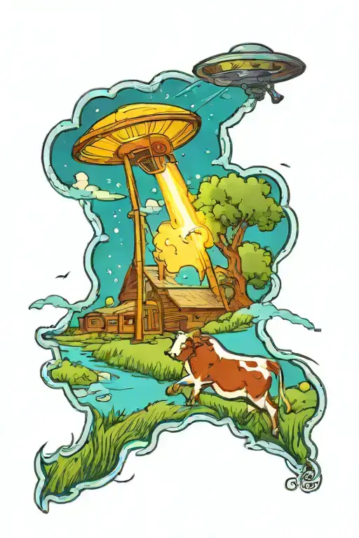 A Tattoo Of A Ufo Abduction Beam Shining Down On A Cow In A Farm Field At Night