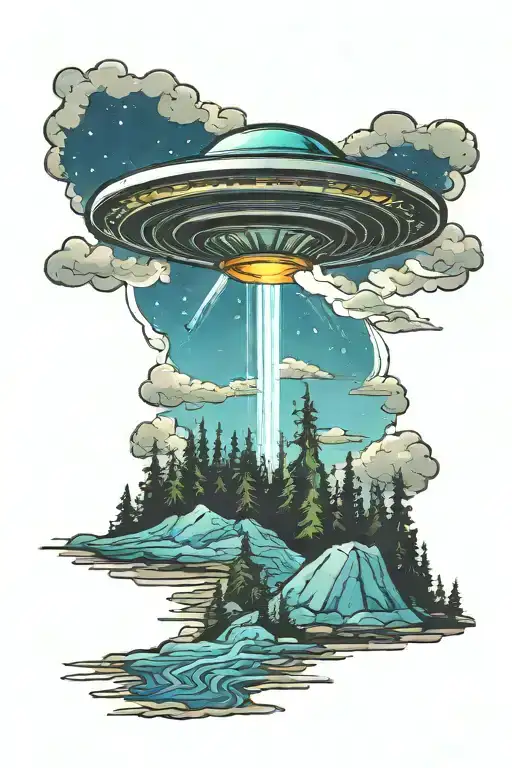A Tattoo Of A Single Ufo Abduction Beam Over A Forest Landscape