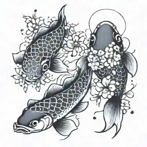 2 Koi Fish And Cherry Blossoms And Pisces Constellation