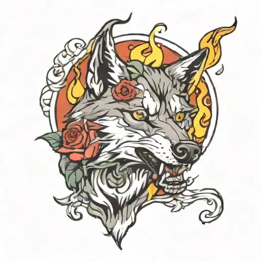 A Wolf Holding A Rose On Fire In Its Mouth