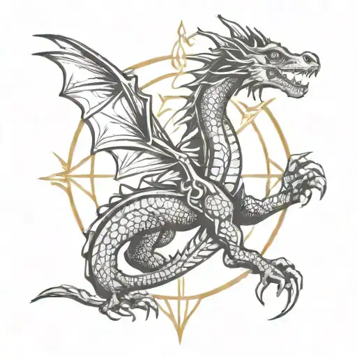 Tarot Symbols Surrounding A Simple Outline Of A Dragon