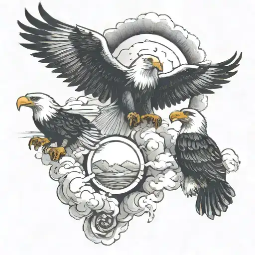 Clouds In The Background With 4 Eagles Flying