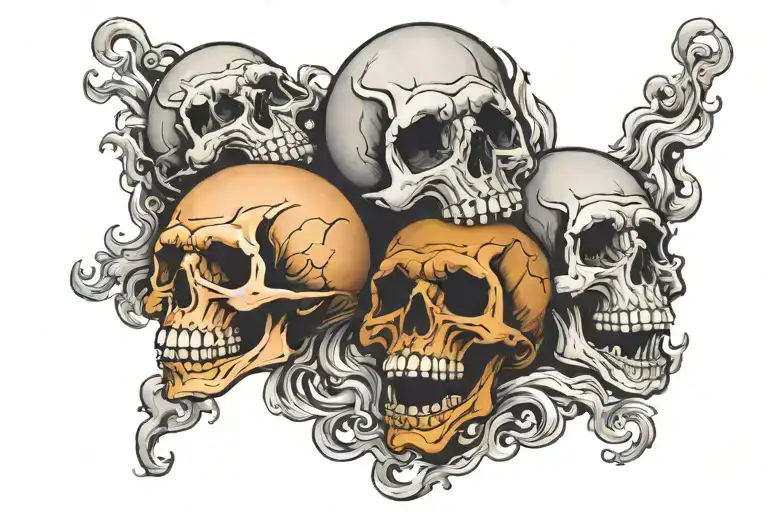 3 Skulls Surrounded By Smoke Coming From 1 Another Skull Screaming And The Last Skull Laughing
