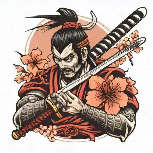 Samurai Warrior Arm Tattoo With Cherry Blossom