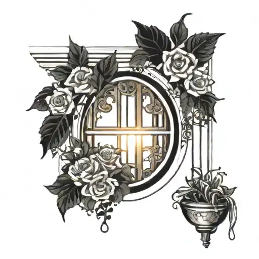 Black And White Window With Curtains With Sun In Background And Flower Box With Vines Surrounding