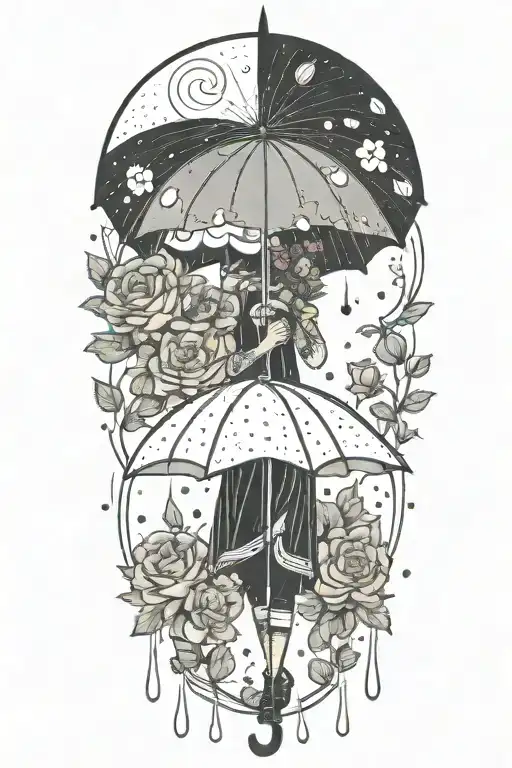 Raining With An Umbrella Made Of Flowers With Two Baby Umbrellas