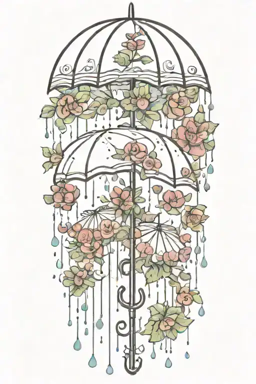Raining With An Umbrella Made Of Flowers With Two Baby Umbrellas With A White Background