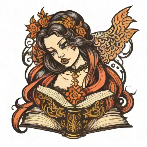 Girl Long Hair Tattoo Holding Open Book