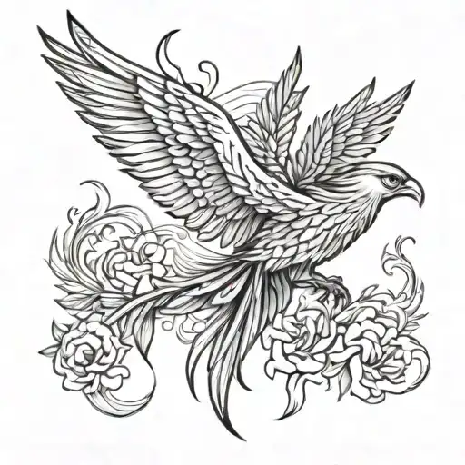 Phoenix In Flight Fine Line Greyscale With Two Children Tatoo