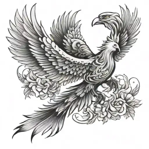 Phoenix In Flight Greyscale With Two Children Tatoo