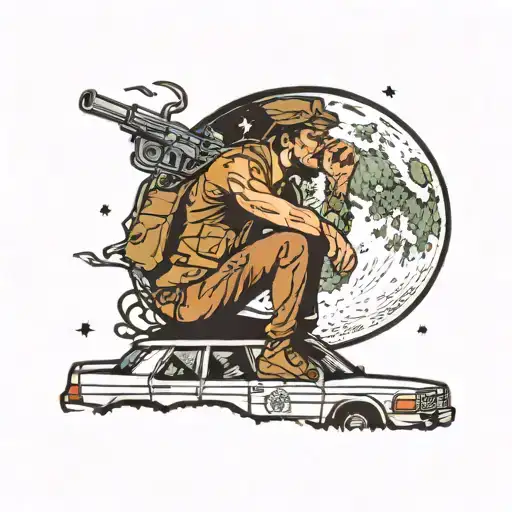 A Men Smoking Cigaret Weed And Sitting On Top Of A Police Car At Night With The Moon Behind Him