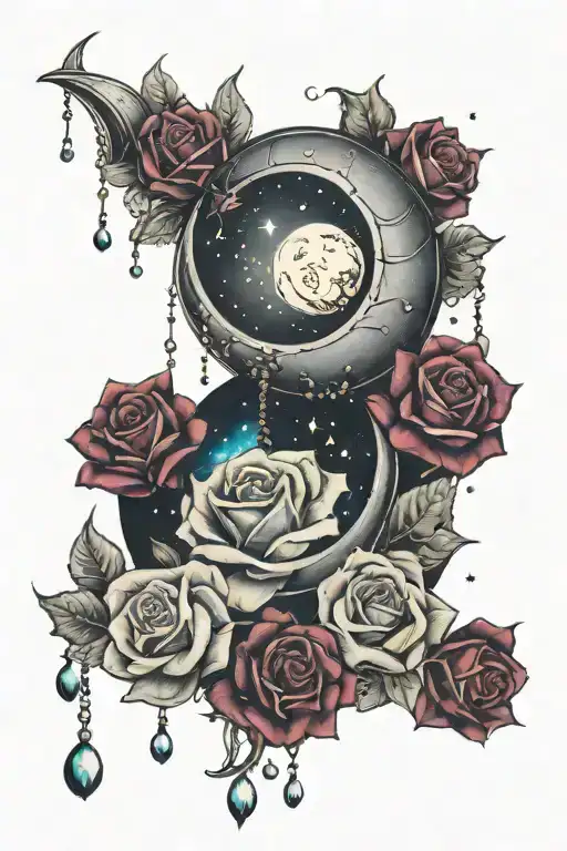 Crescent Moon With Galaxy And Roses With Hanging Beads