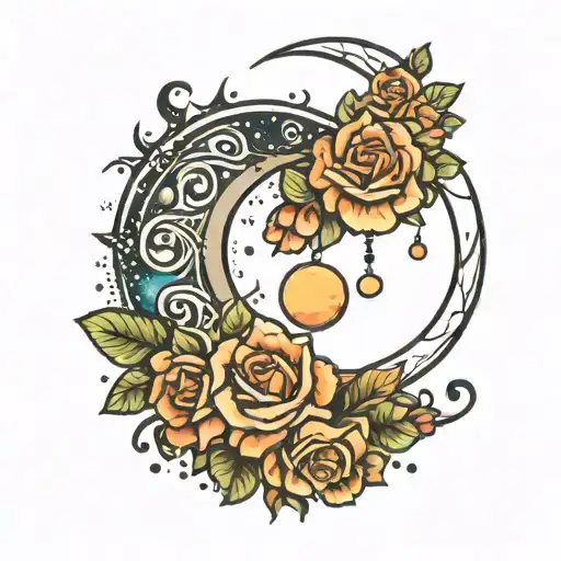 Crescent Moon With Roses And Galaxy And Hanging Beads
