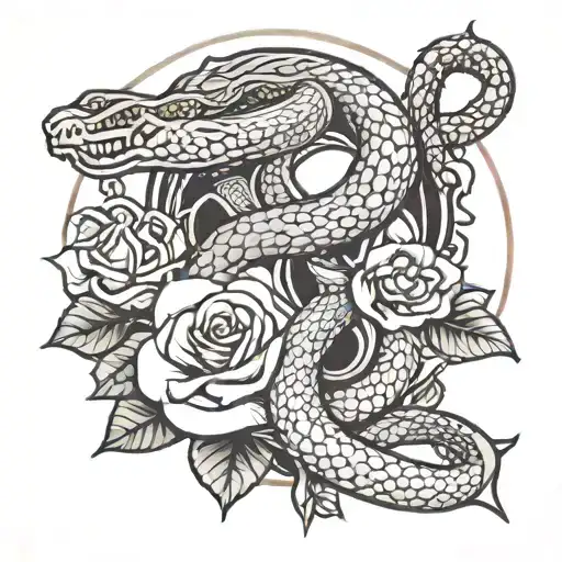 Snake With A Sword And Flowers And The Moon