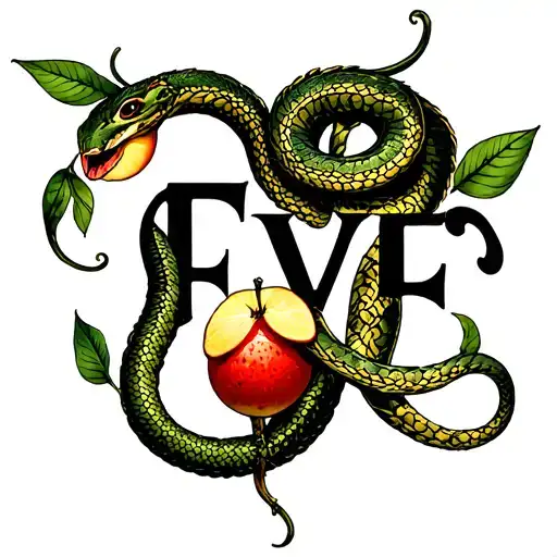 The Name Eve In Cursive With Biblical Refrences To Eve With The Forbidden Fruit And The Serpent