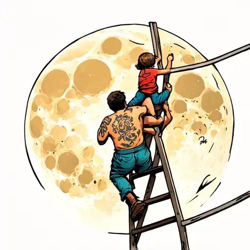 Man Climbing A Ladder With Child On His Back Up To The Moon