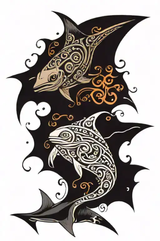 Manta Ray And Hemmerhead Shark In Tribal Form Swirling
