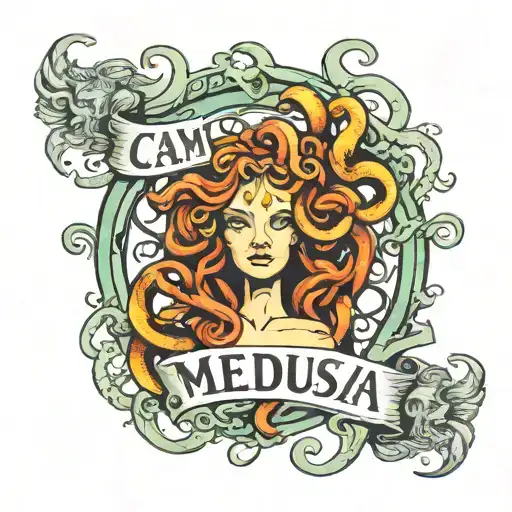 Medusa And Cam Name Written Tattoo Design