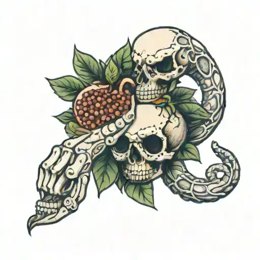 Skeleton Hand Holding Pomegranate With Snake Wrapped Around The Pomegranate
