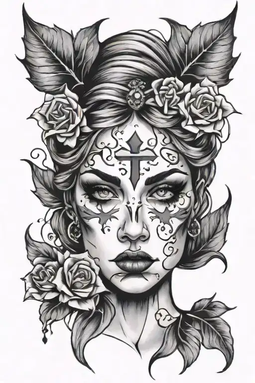 Broken Lady Face With Cross