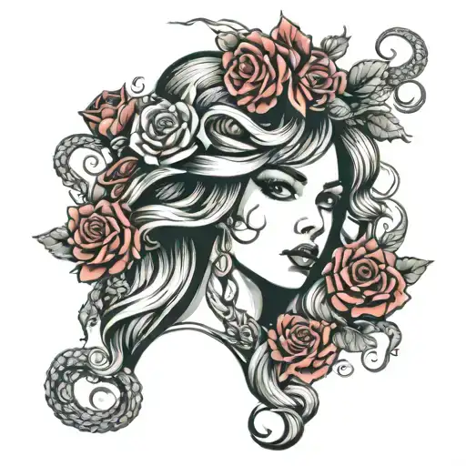 Girl Face With An Octopus Crown And Red Roses As Background