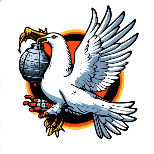 A Flying White Dove Holding A Hand Grenade In Its Claws