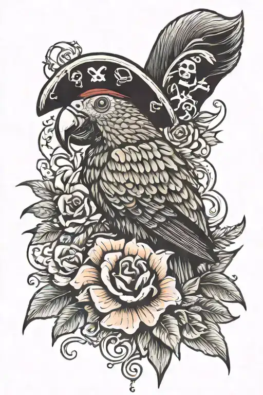 Parrot With Pirate Hat And Flower Details Old School