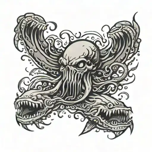 Kraken Surrounded By Sharks Swimming