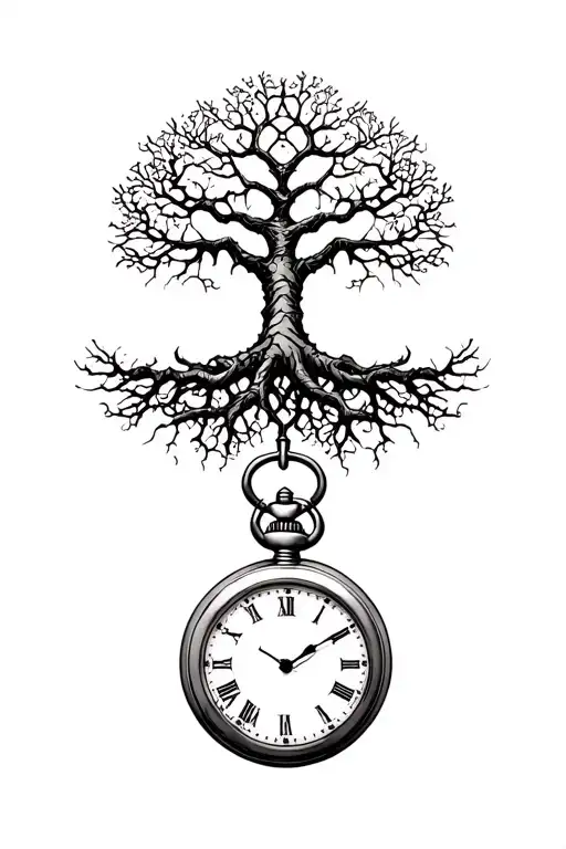 Tree Of Life Intertwined With Roots That Wrap Around And Go Into A Cracked Pocket Watch