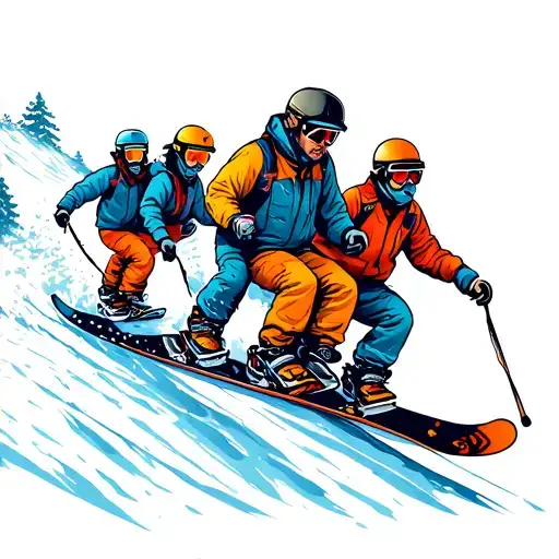 A Family Of Snowboarders Riding Down A Mountain Slope
