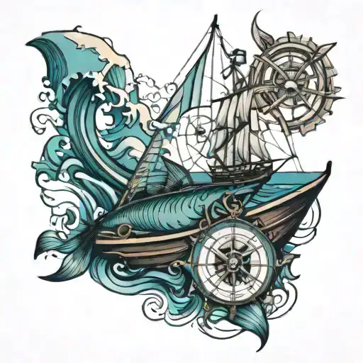 Ocean With Boat Fishing And Compass Design Combining Elements